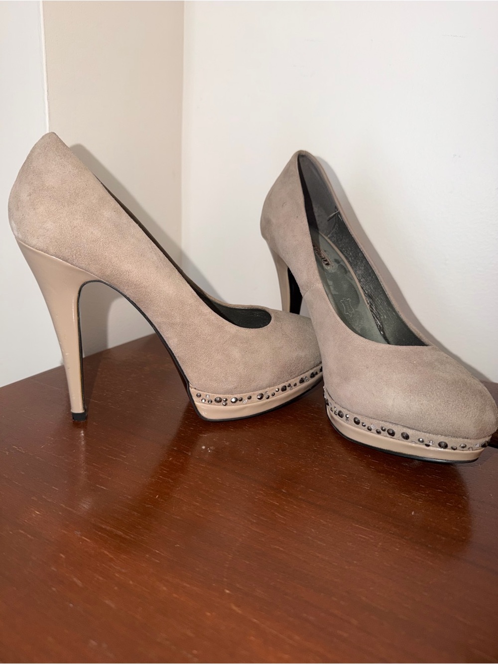 Taupe Suede Platform High Heels with Stud Accent - Women's Pumps